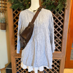 John Mark Blue Striped Linen Tunic Top Tie Dye Flag Back Star Womens size XL